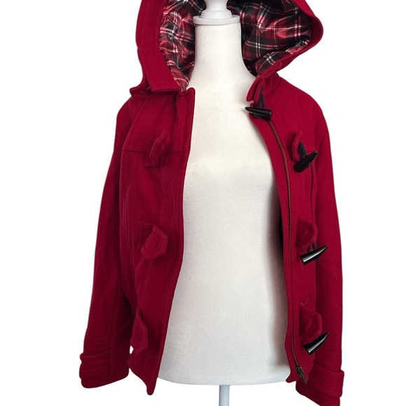 Forever 21 Red Toggle Button Hooded Jacket Women’s Size Small | Plaid Lined Coat - Picture 3 of 8
